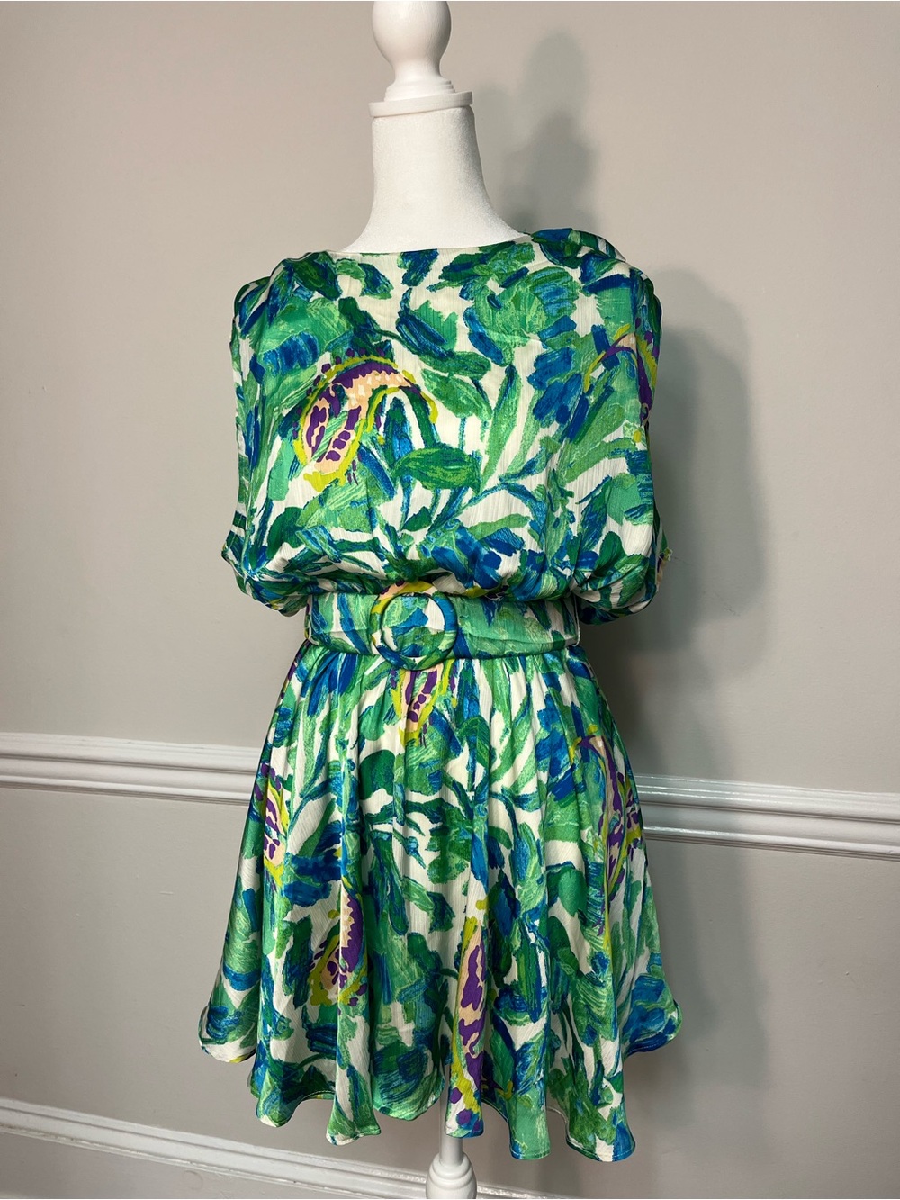 Leaf-Print Belted Green Mini Dress